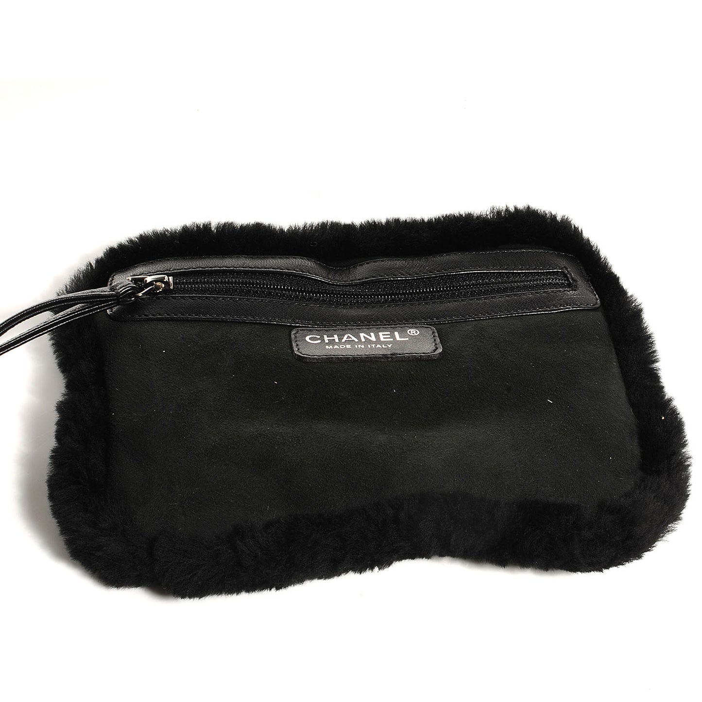 Suede Sherpa Shoulder Bag w Cosmetic Pouch Black