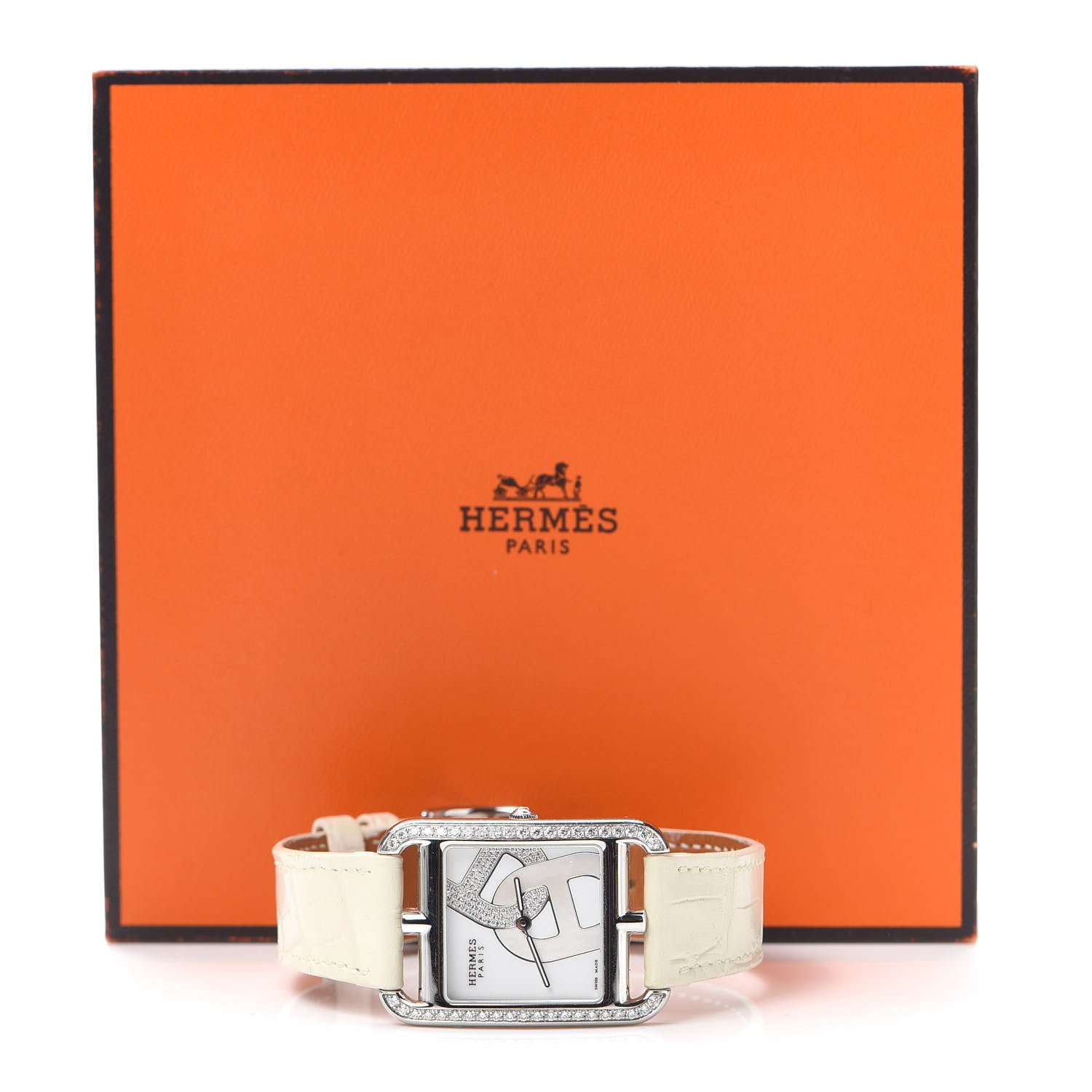 Hermes Stainless Steel Alligator Diamond Bezel Mother of Pearl 29mm Cape Cod Chaine d'Ancre Joaillier Quartz Watch Blanc 5 of 5