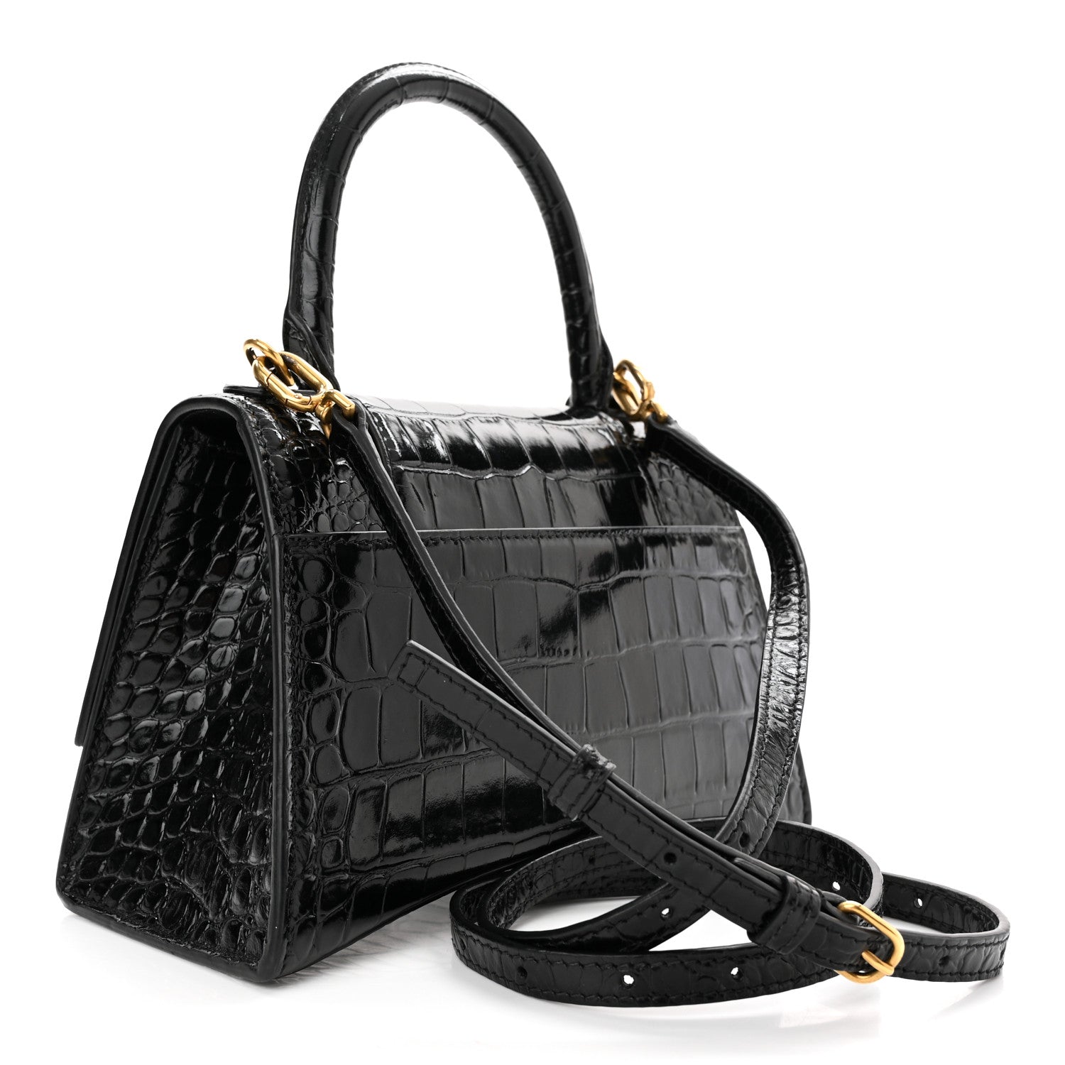 Balenciaga Shiny Calfskin Crocodile Embossed Small Hourglass Top Handle Bag Black 3 of 10