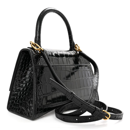 Balenciaga Shiny Calfskin Crocodile Embossed Small Hourglass Top Handle Bag Black 3 of 10
