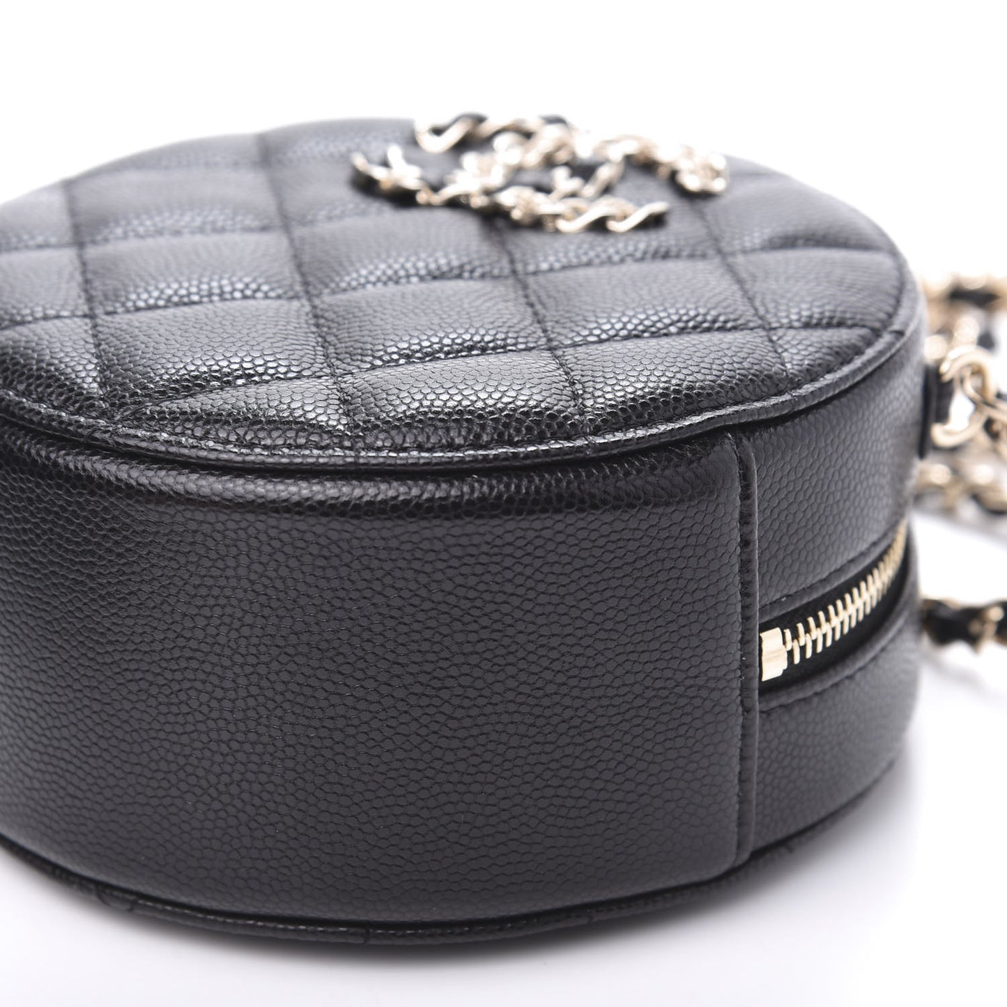 Caviar Quilted French New Wave Round Clutch With Chain Black