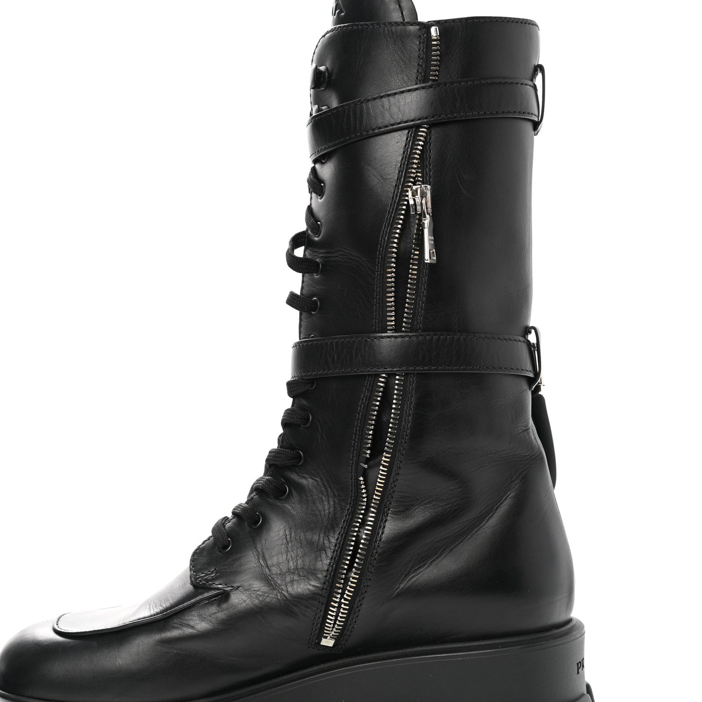 Vitello Lux Nylon Metal Triangle Logo Monolith Pouch Pocket 55mm Tall Combat Boots 41 Black