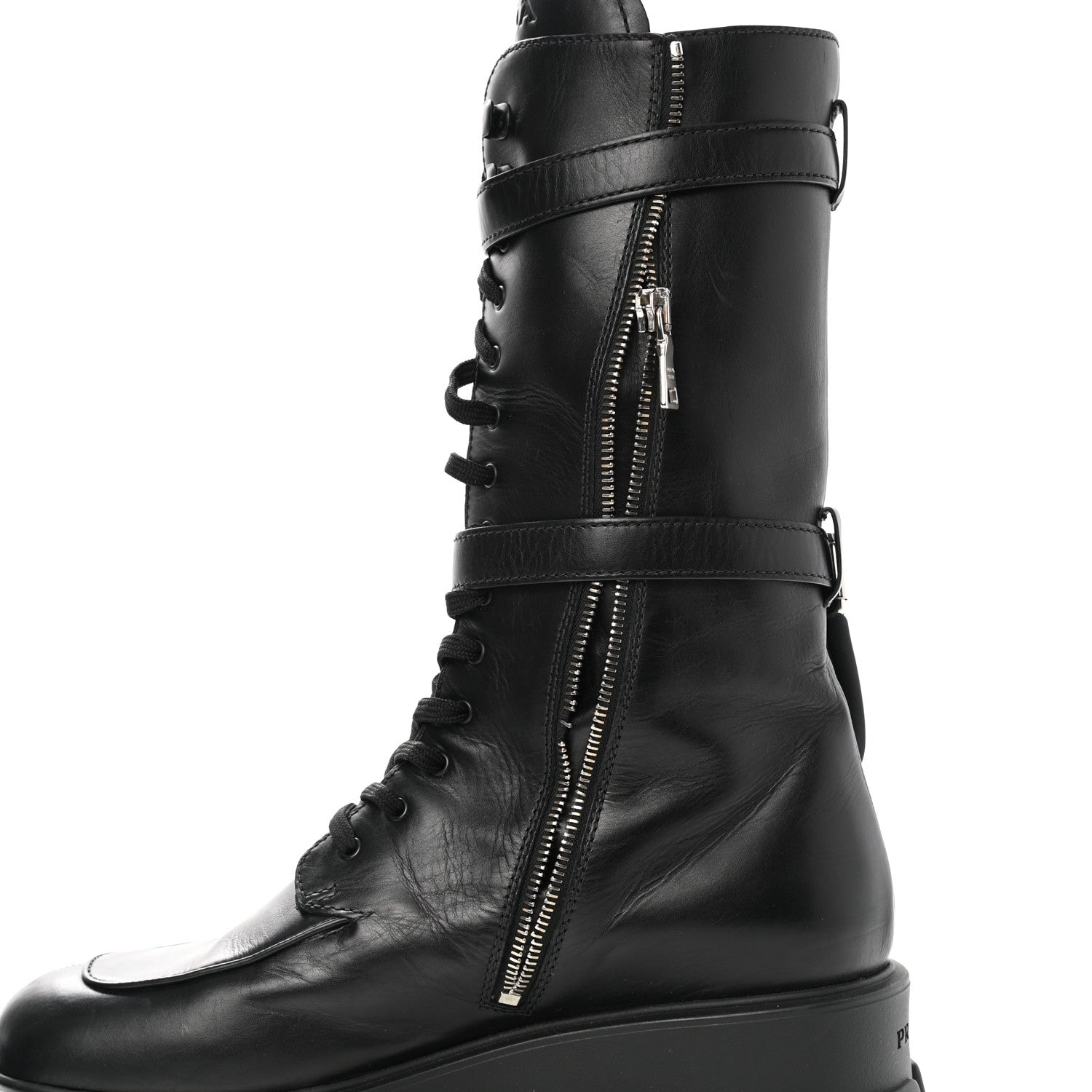 Prada Vitello Lux Nylon Metal Triangle Logo Monolith Pouch Pocket 55mm Tall Combat Boots 41 Black 9 of 11