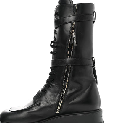 Prada Vitello Lux Nylon Metal Triangle Logo Monolith Pouch Pocket 55mm Tall Combat Boots 41 Black 9 of 11