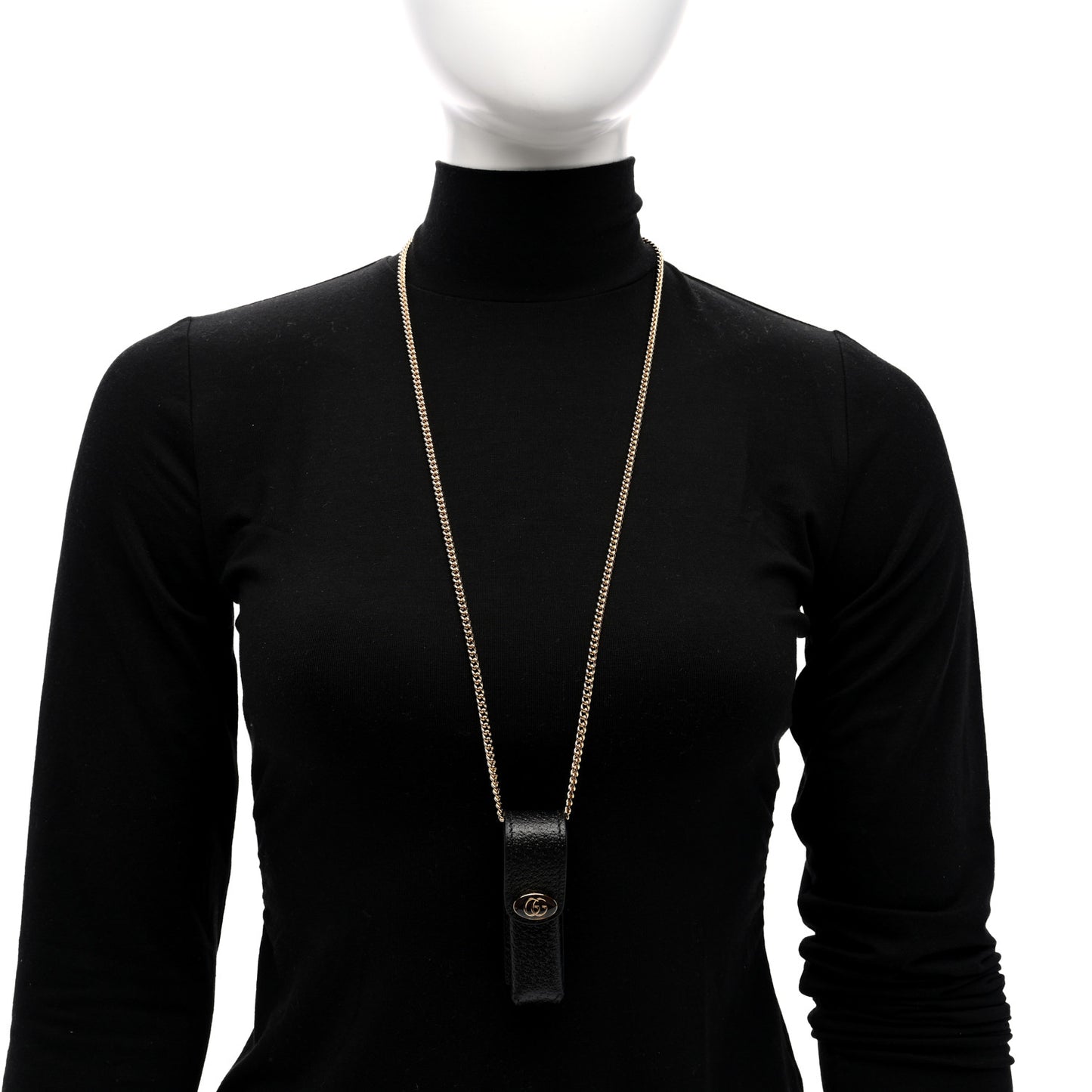 Textured Dollar Calfskin Enamel GG Lipstick Holder Necklace Black