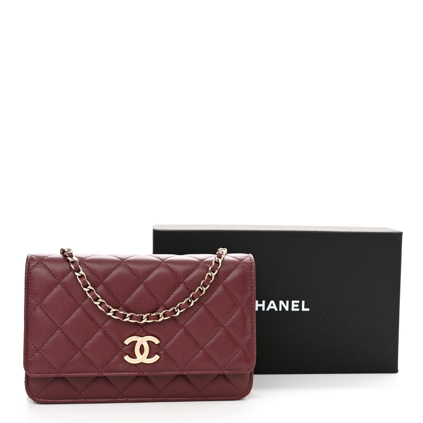 Caviar Quilted Studded CC Wallet On Chain WOC Burgundy