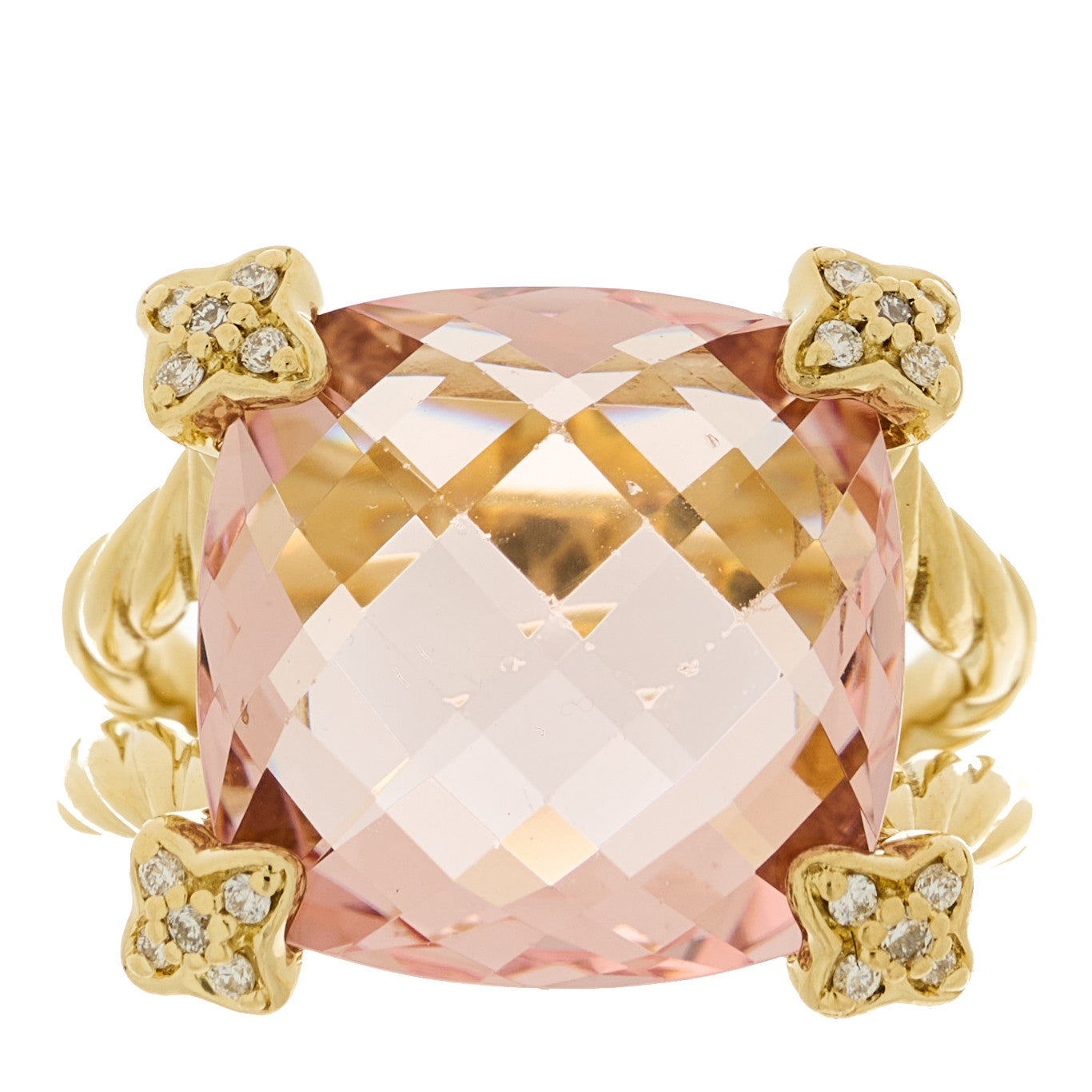 David Yurman 18K Yellow Gold Diamond Morganite 15mm Cushion On Point Ring 54 7 1 of 5
