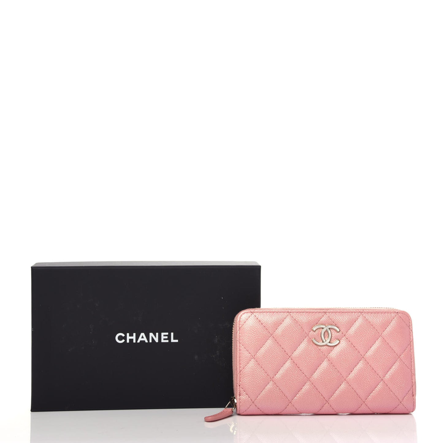 Iridescent Caviar Quilted Medium Zip Around Wallet Pink