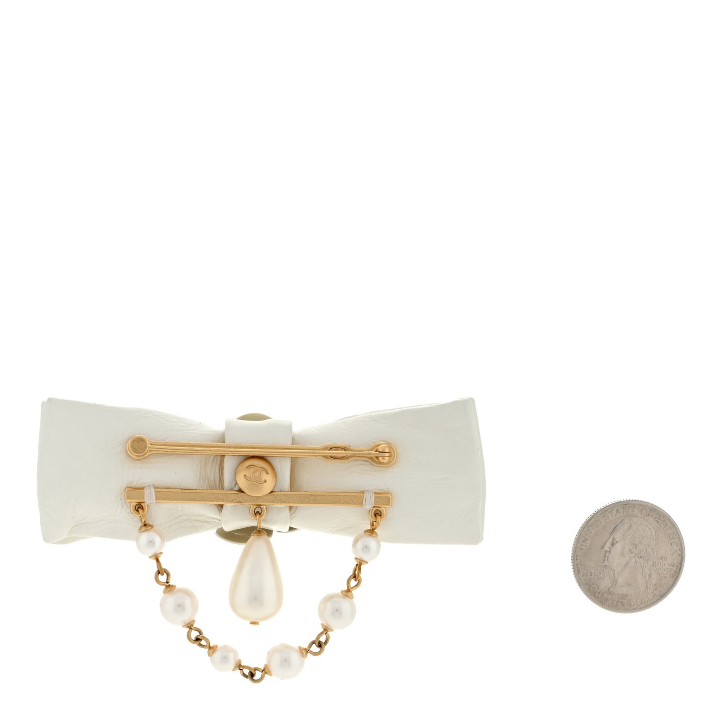 Metal Pearl Camelia CC Bow Brooch White Gold