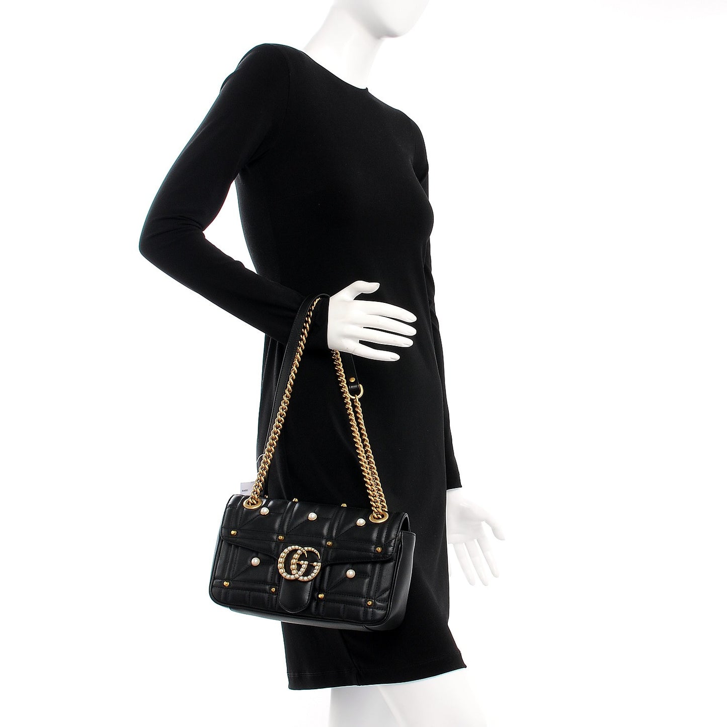 Calfskin Matelasse Studded Small Pearly GG Marmont Shoulder Bag Black