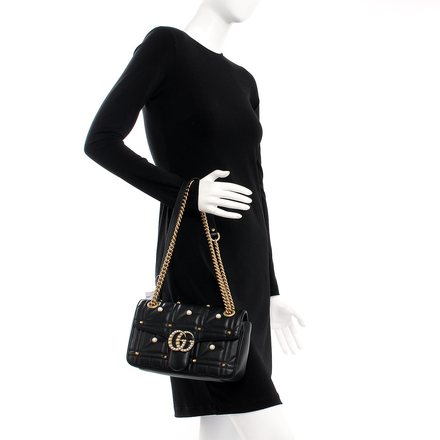 Gucci Calfskin Matelasse Studded Small Pearly GG Marmont Shoulder Bag Black 2 of 7