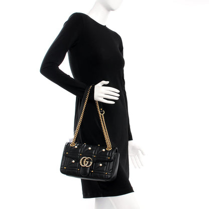 Gucci Calfskin Matelasse Studded Small Pearly GG Marmont Shoulder Bag Black 2 of 7