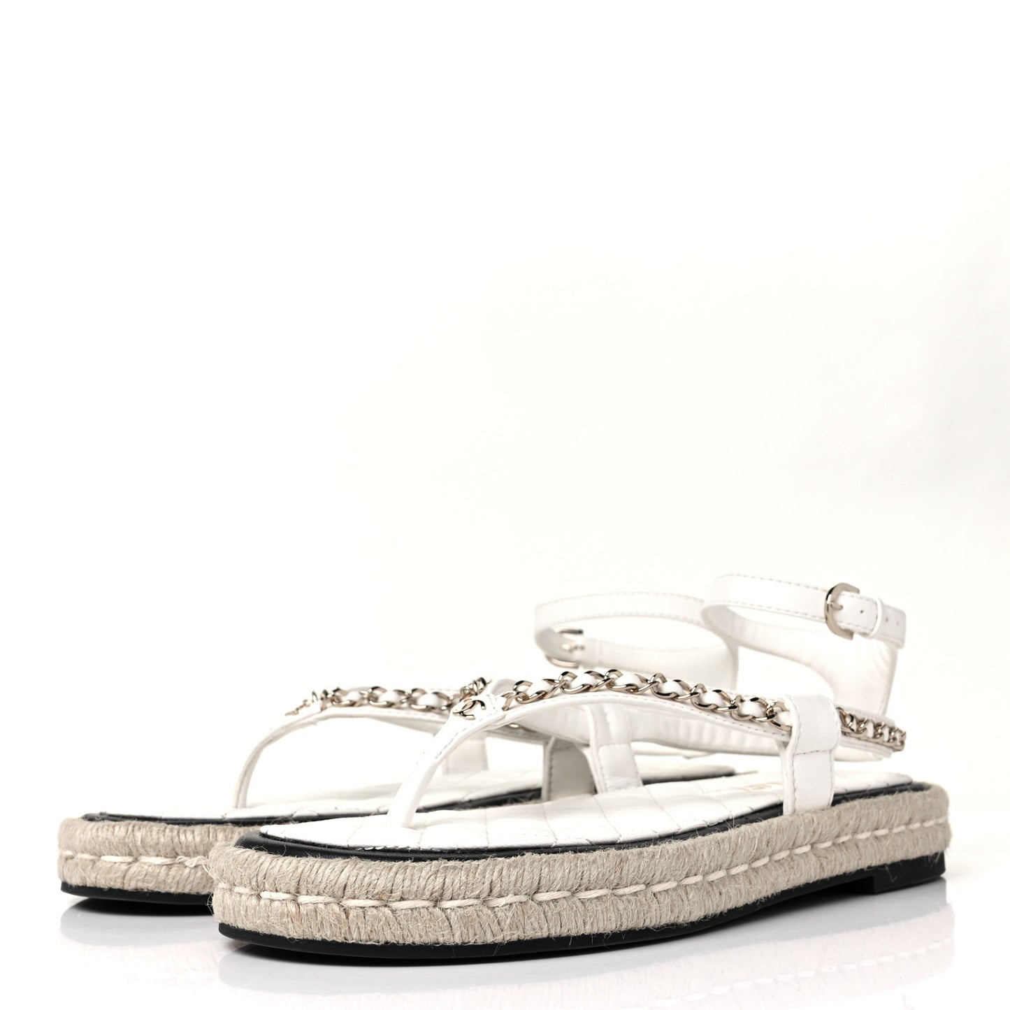 Lambskin Chain CC Thong Espadrille Sandals 40 White