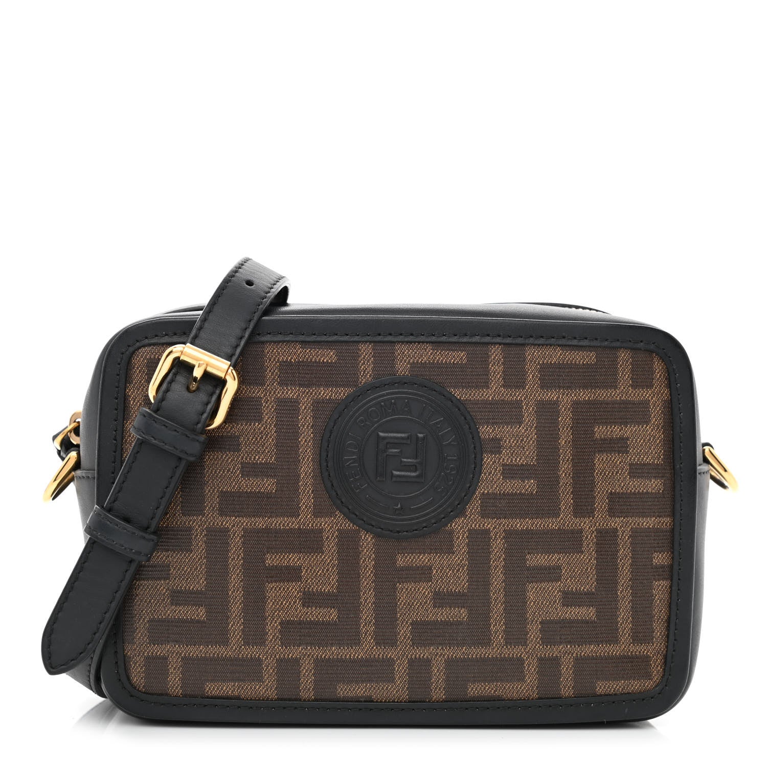 Fendi Glazed Fabric Vitello Century FF 1974 Stamp Patch Mini Camera Case Mogano Panna Black 1 of 10