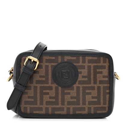 Fendi Glazed Fabric Vitello Century FF 1974 Stamp Patch Mini Camera Case Mogano Panna Black 1 of 10