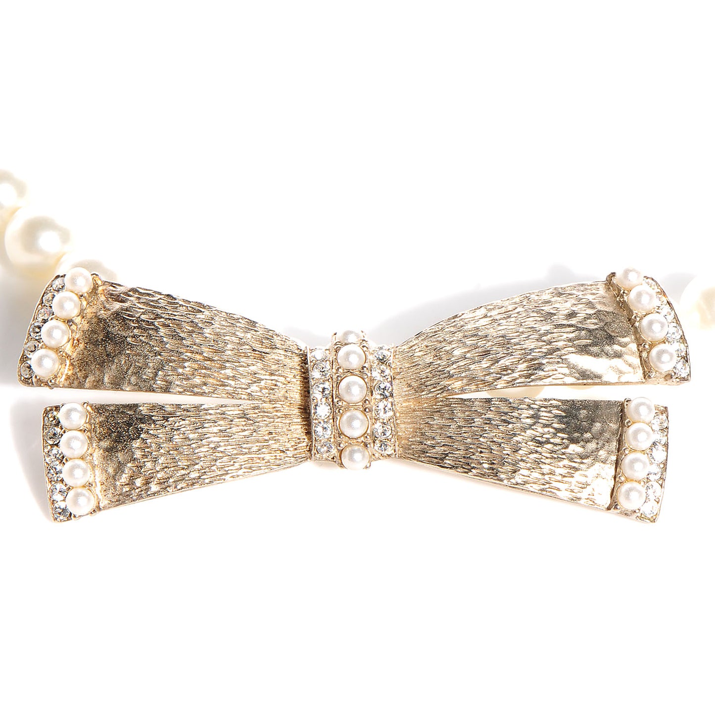 Pearl Crystal Bow Long Necklace Gold