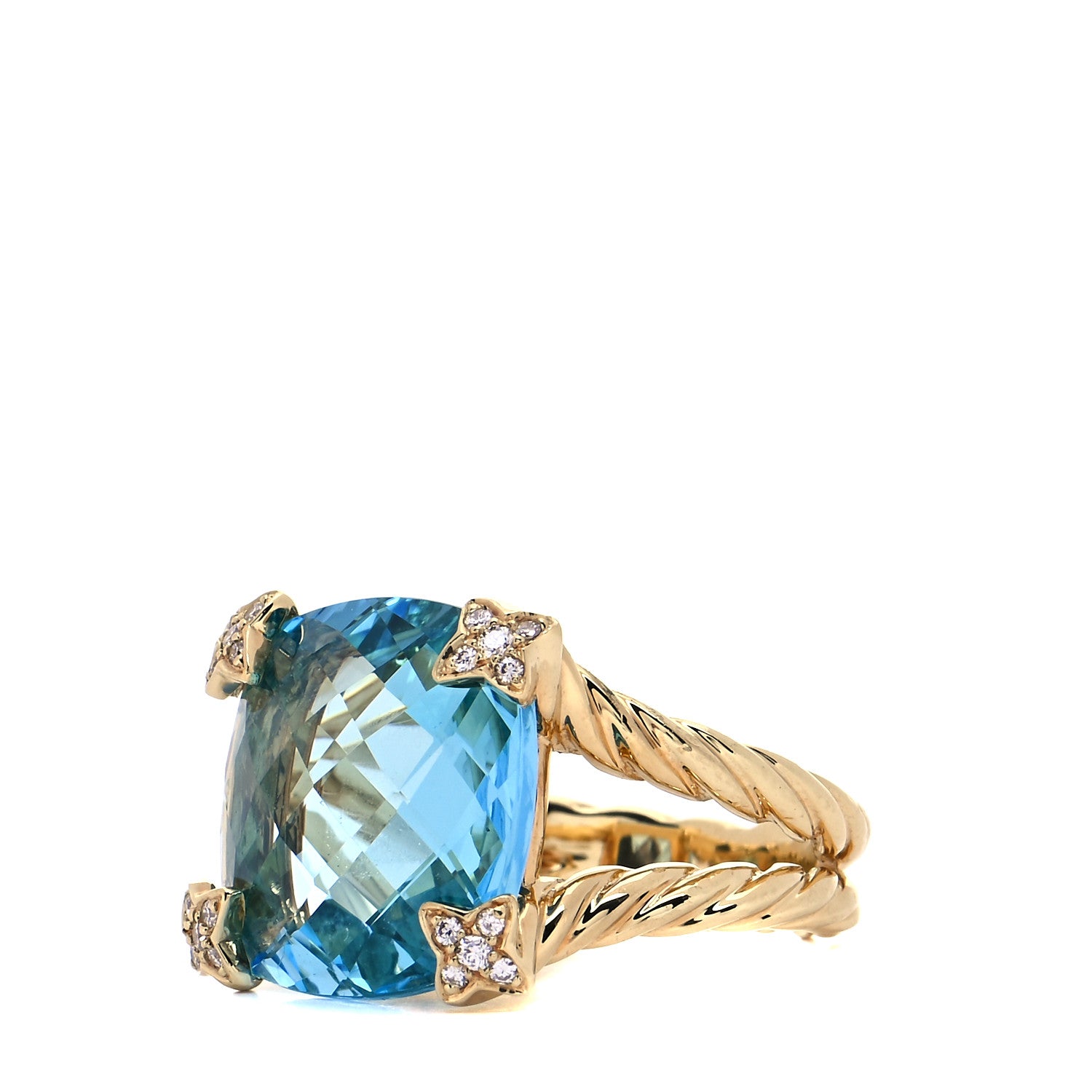 David Yurman 18K Yellow Gold Diamond Blue Topaz 15mm Cushion On Point Ring 54 7 4 of 7