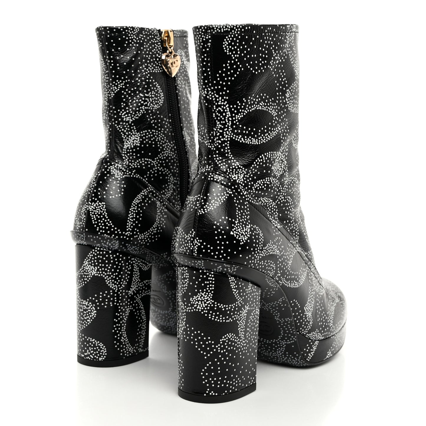 Calfskin Camellia Printed Ankle Boots 37.5 Black White