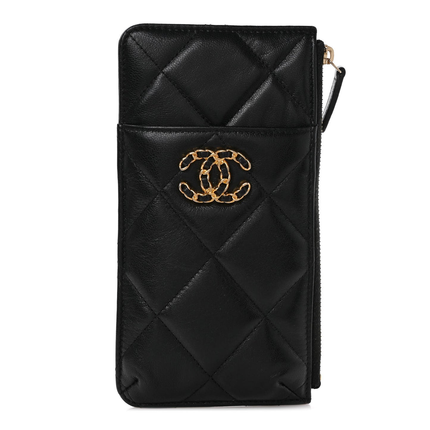 Goatskin Quilted Chanel 19 Flat Wallet Pouch Black