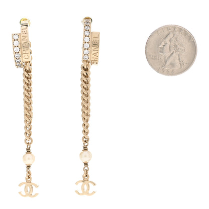 Chanel Pearl Crystal CC Long Chain Drop Earrings Gold 2 of 6