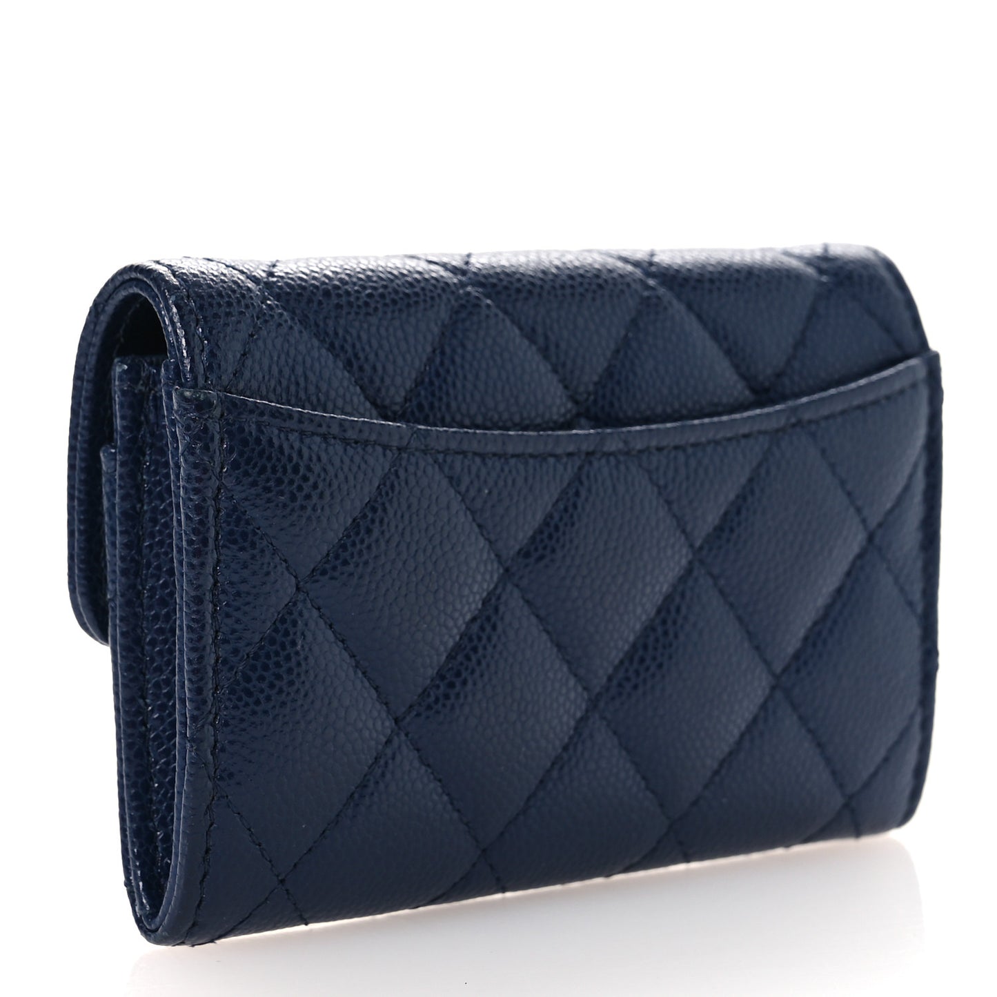 Caviar Quilted Flap Card Holder Wallet Navy Blue