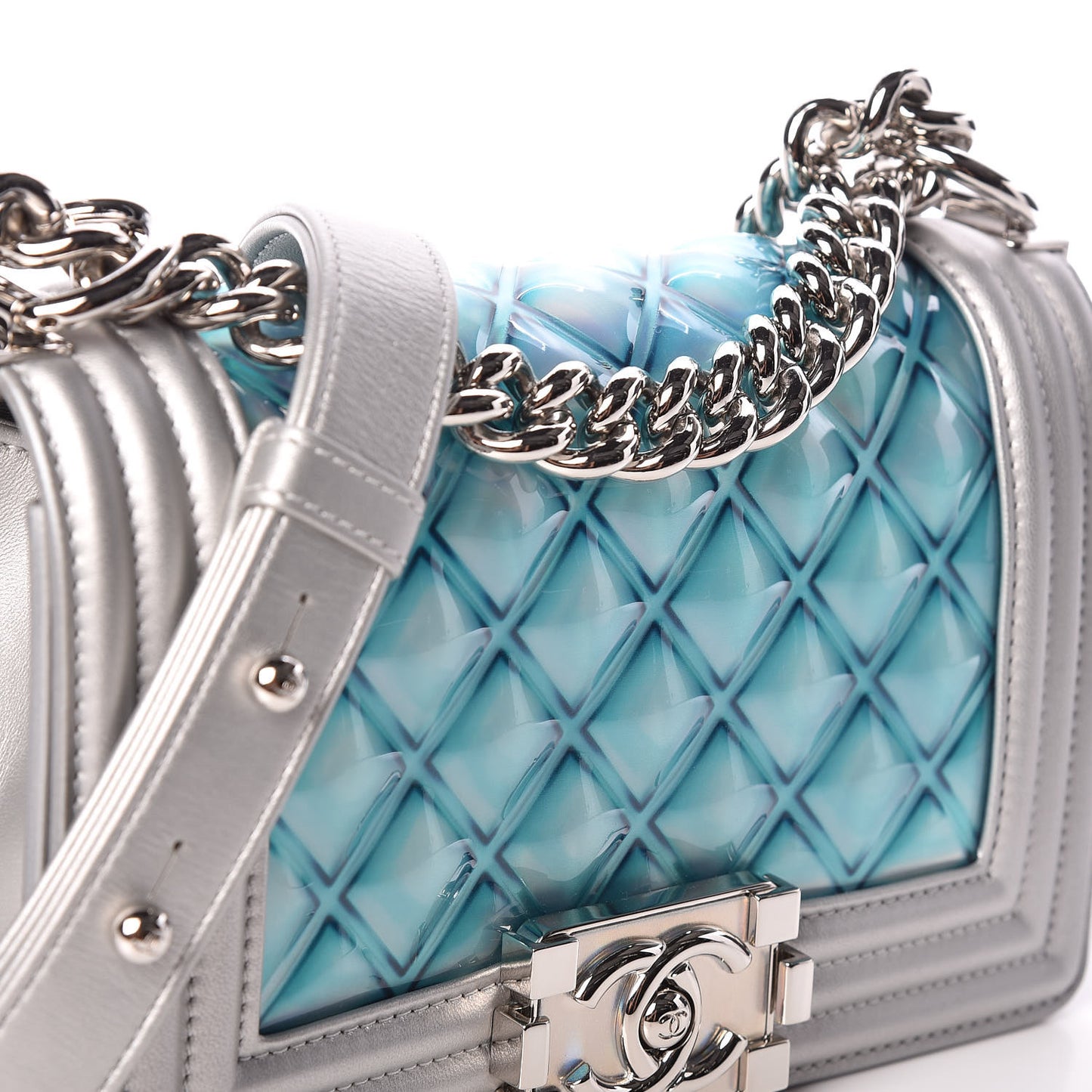 Metallic Lambskin PVC Quilted Small Boy Flap Blue