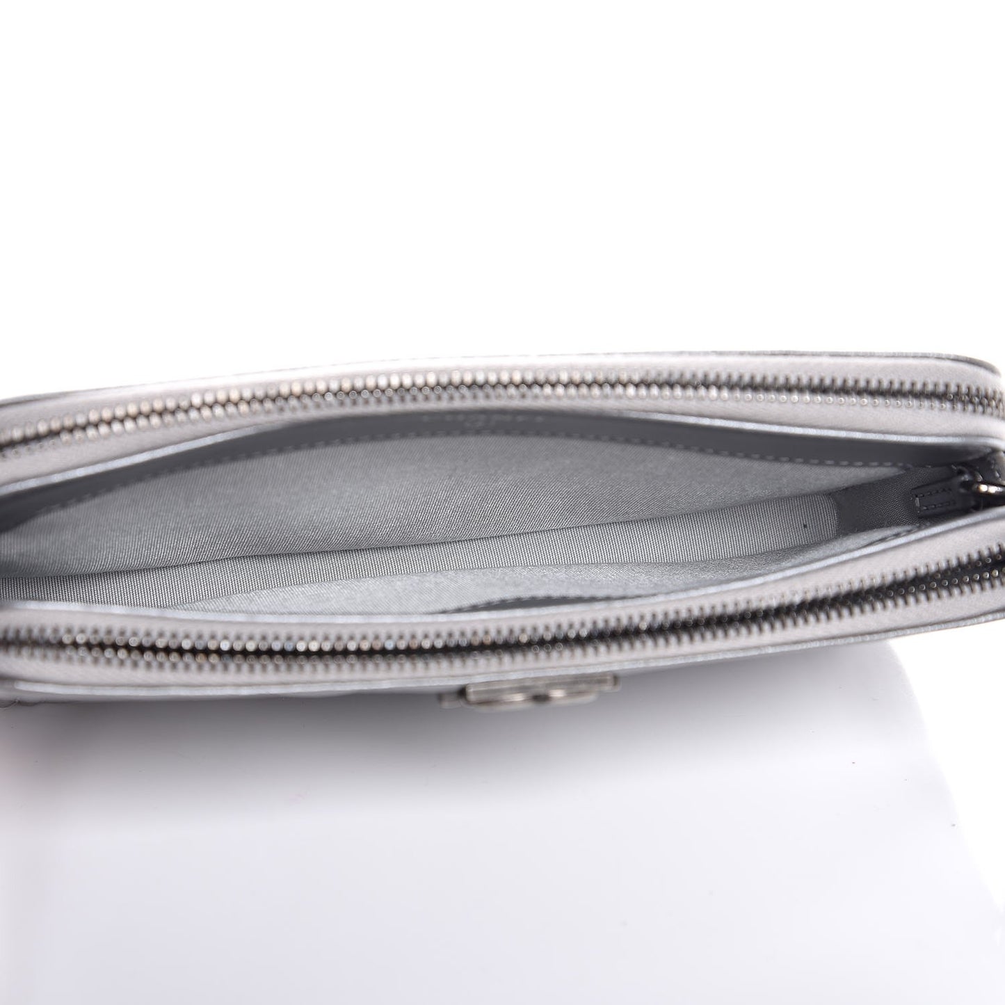 Metallic Caviar Quilted Small Boy Clutch With Chain Silver