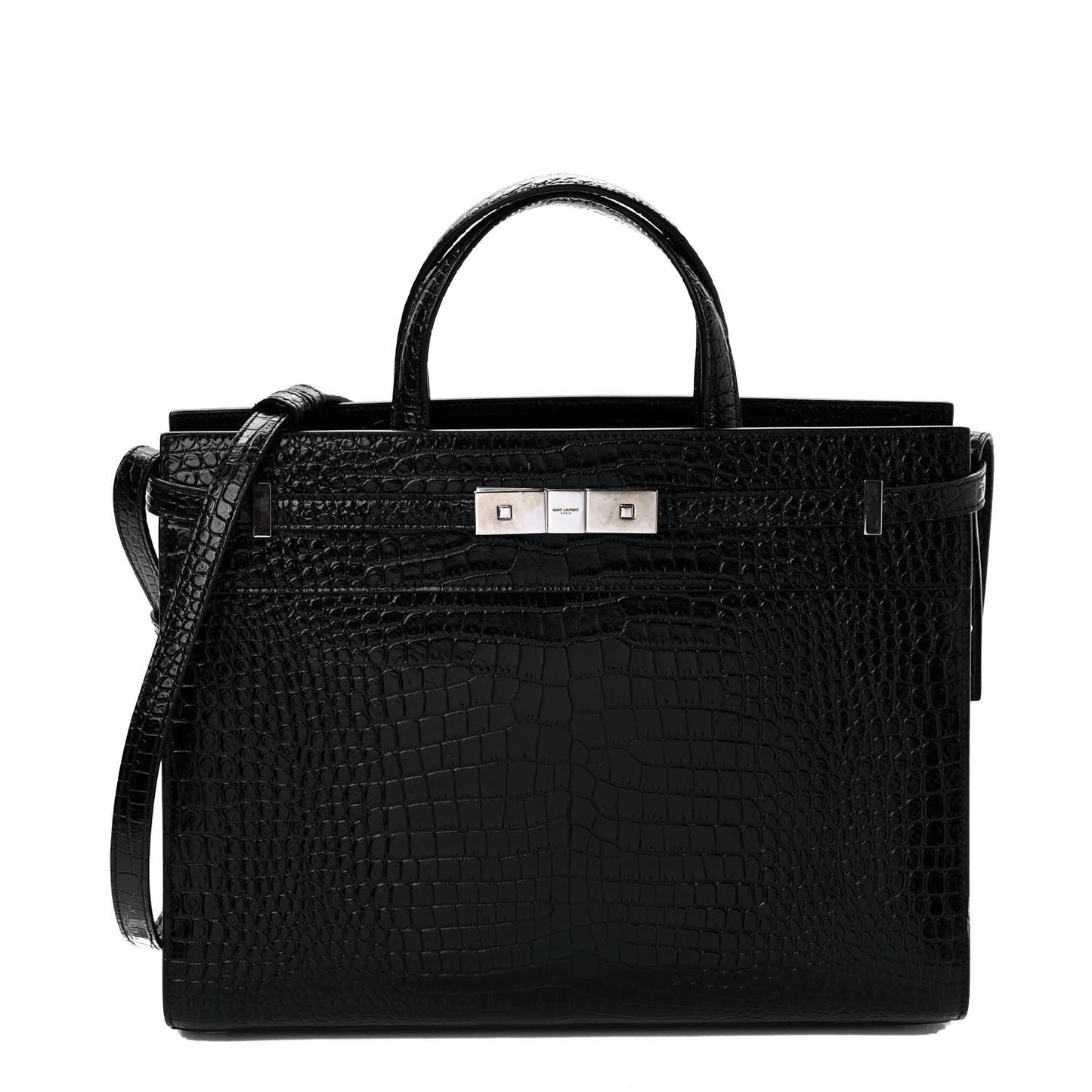 Shiny Calfskin Crocodile Embossed Small Manhattan Shopper Tote Black