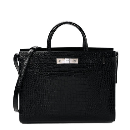 Saint Laurent Shiny Calfskin Crocodile Embossed Small Manhattan Shopper Tote Black 1 of 10