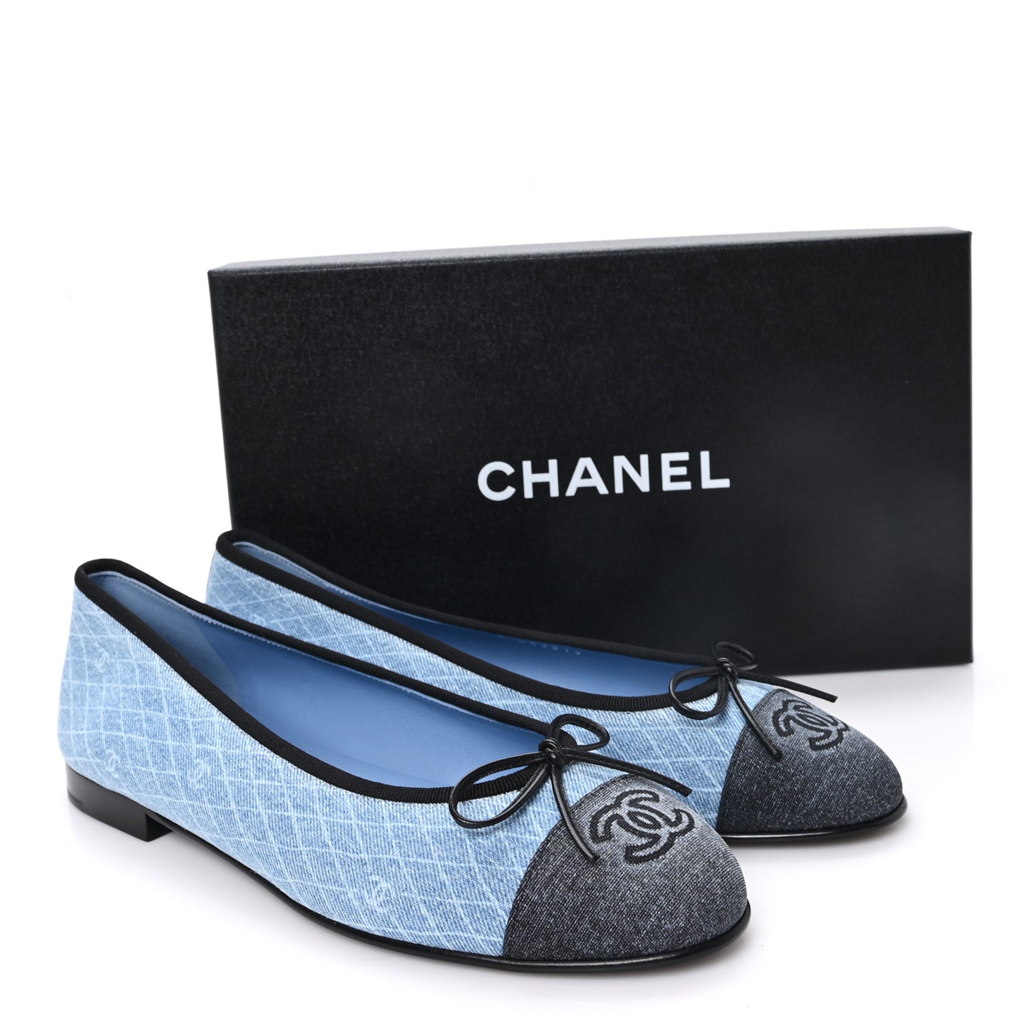 Denim Printed Quilt CC Cap Toe Ballerina Flats 40 Light Blue Dark Grey
