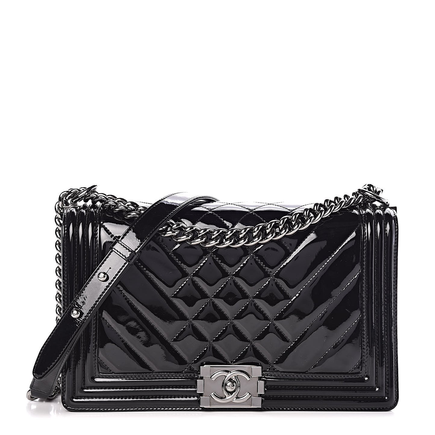 Patent Chevron Quilted New Medium Boy Flap Black