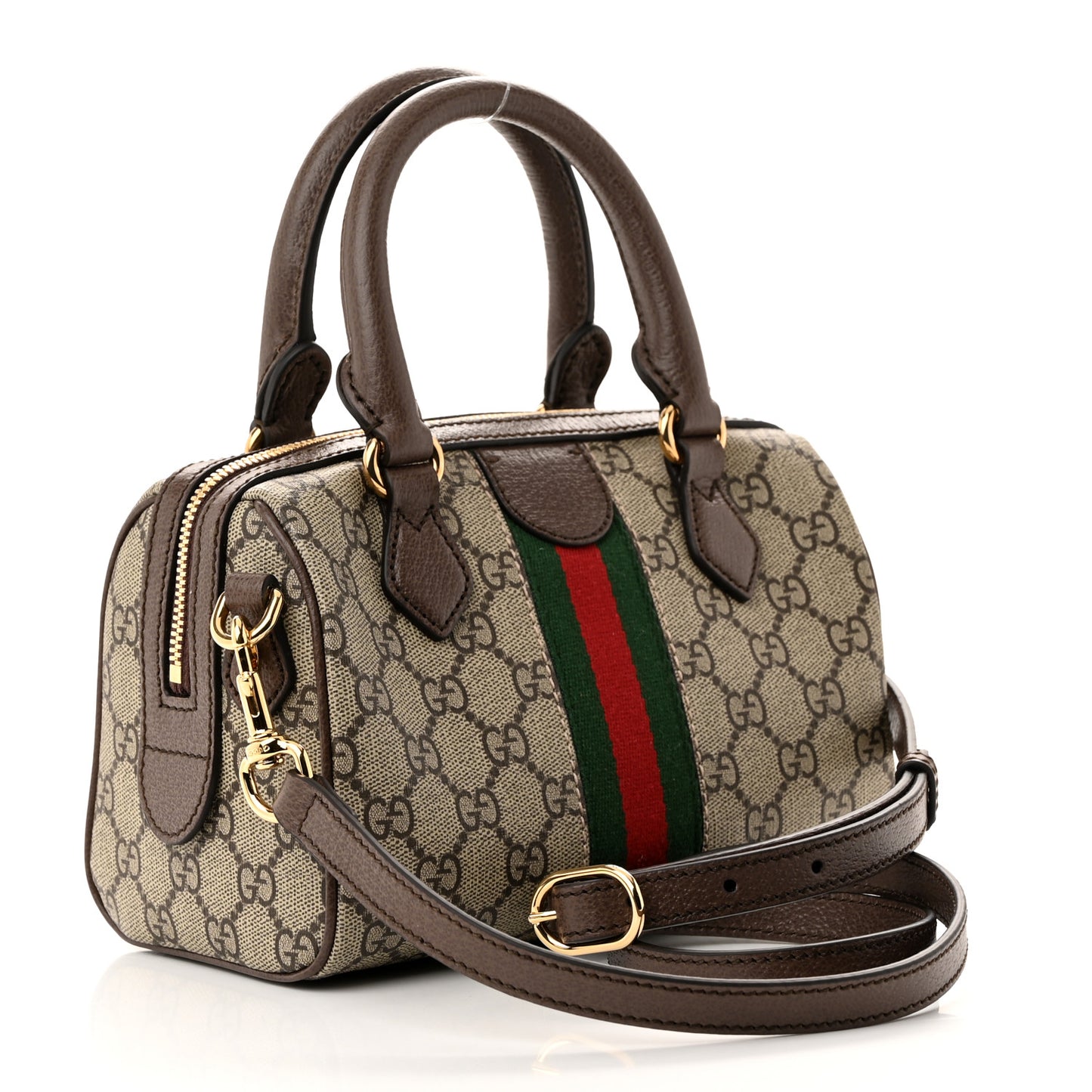 GG Supreme Monogram Textured Dollar Calfskin Web Mini Ophidia Top Handle Bag Beige Ebony New Acero