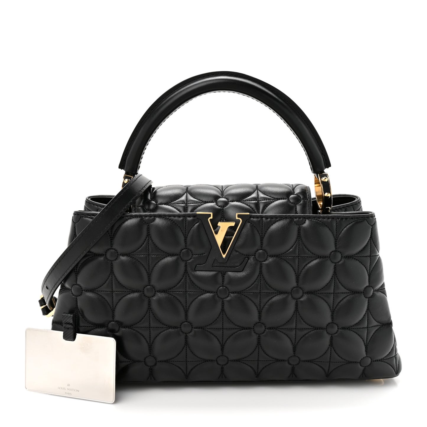 Lambskin Quilted Flower Capucines East West MM Black