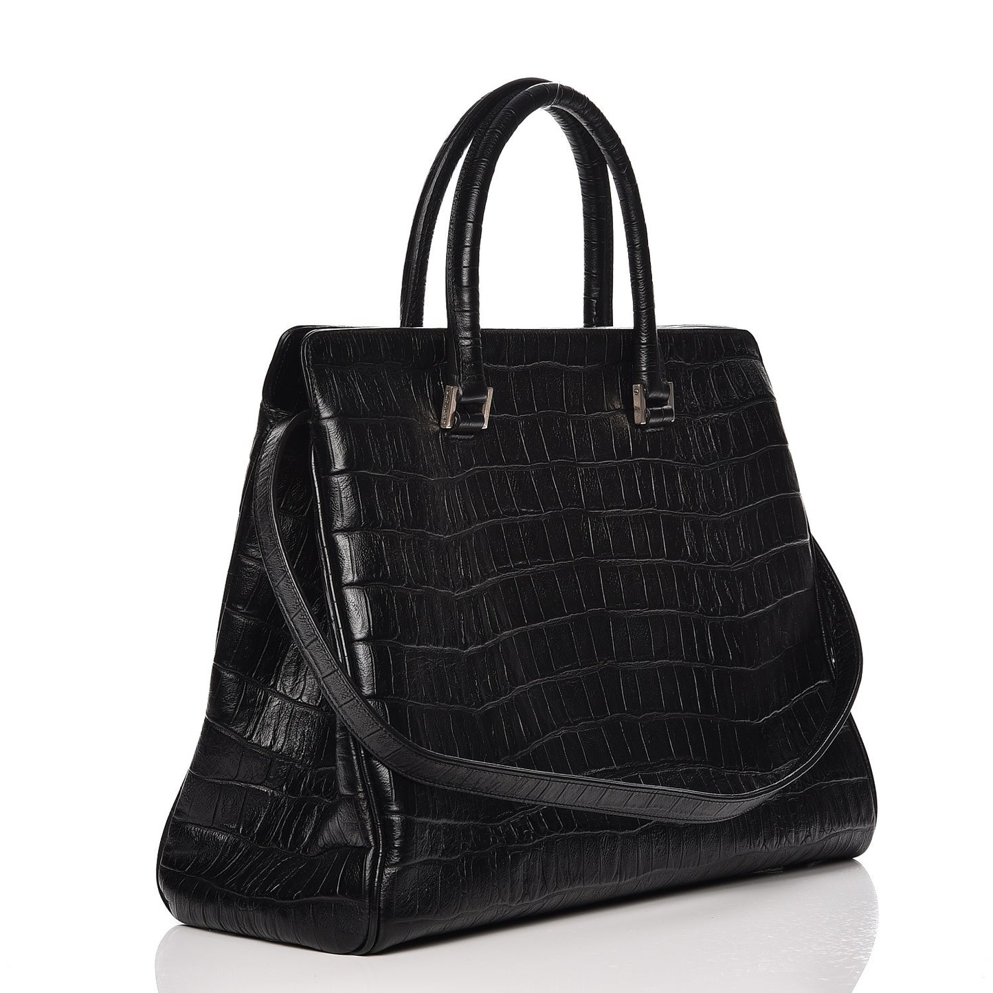 Calfskin Crocodile Embossed Medium Trois Class Tote Black