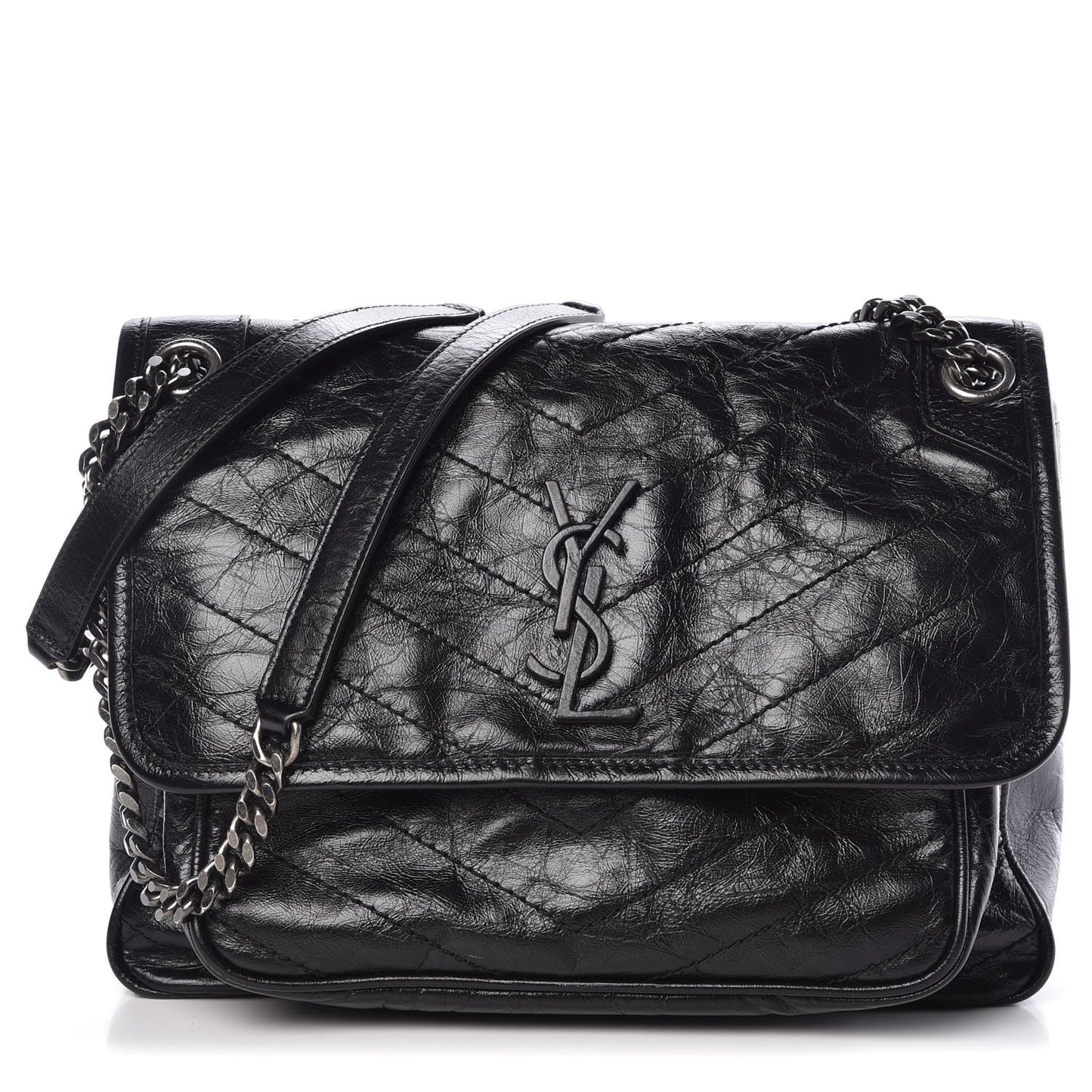Crinkled Calfskin Matelasse Monogram Medium Niki Chain Satchel Black