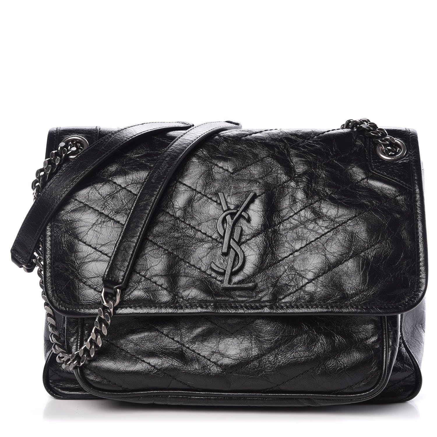 Saint Laurent Crinkled Calfskin Matelasse Monogram Medium Niki Chain Satchel Black 1 of 8