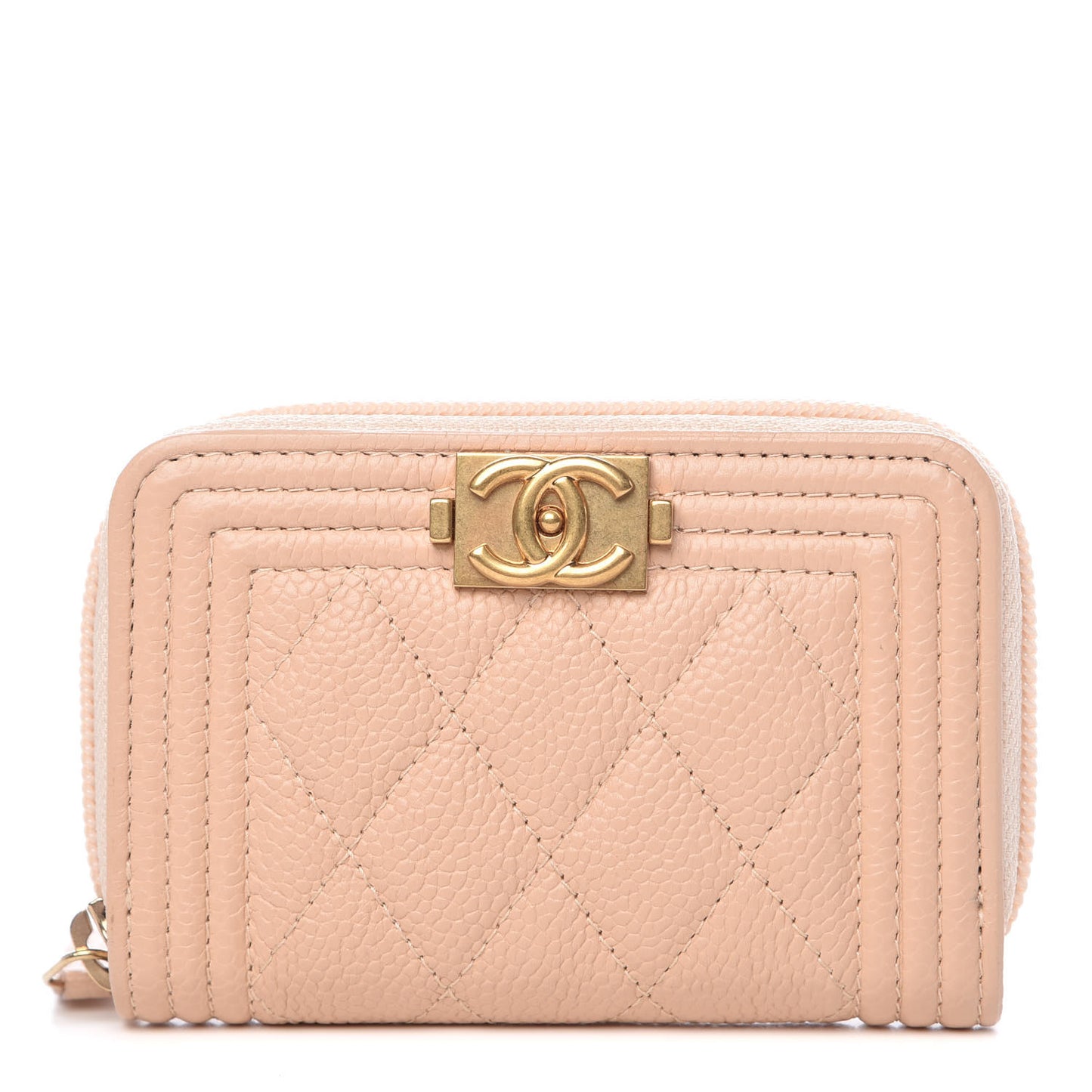 Caviar Quilted Boy Zip Around Coin Purse Wallet Beige Clair