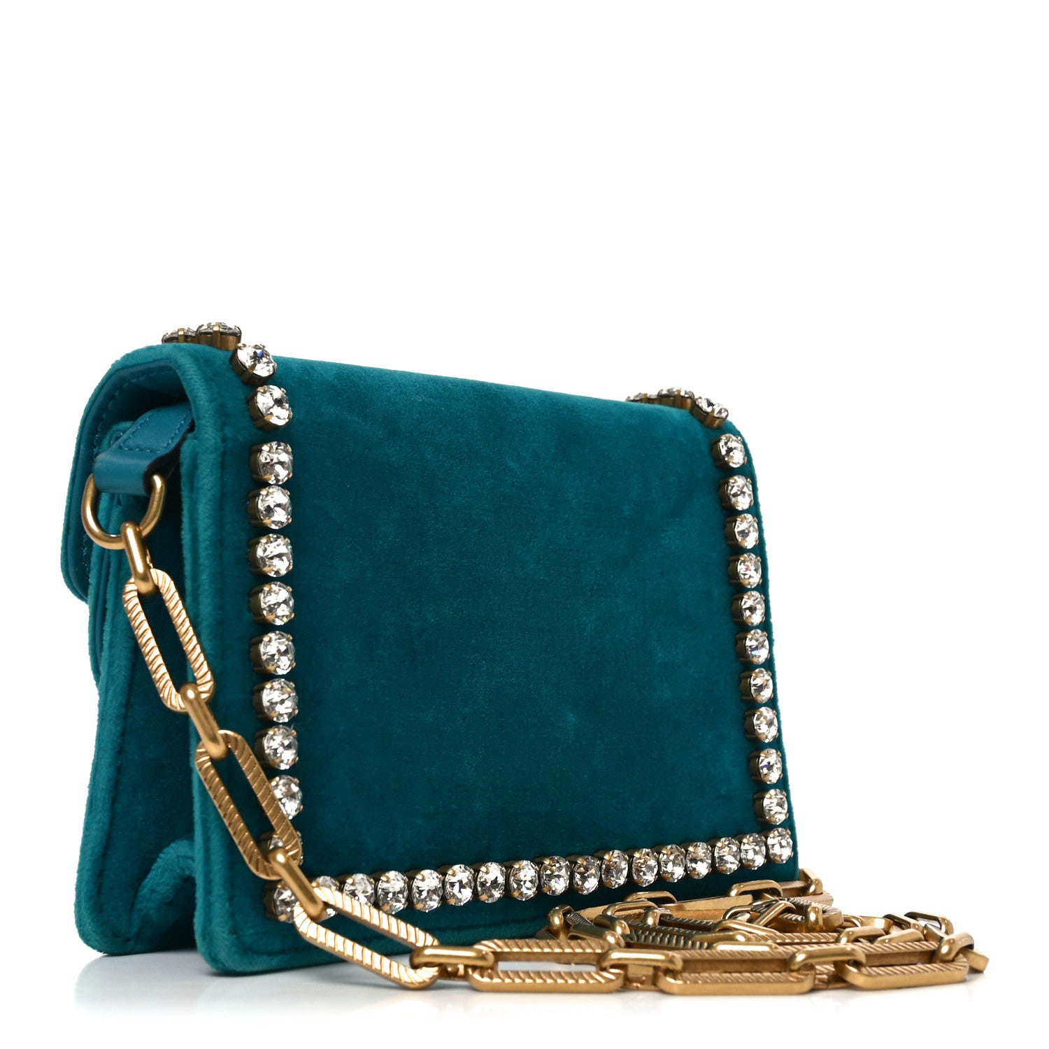 Gucci Velvet Crystal Mini Bee Broadway Shoulder Bag Pavone Cyan