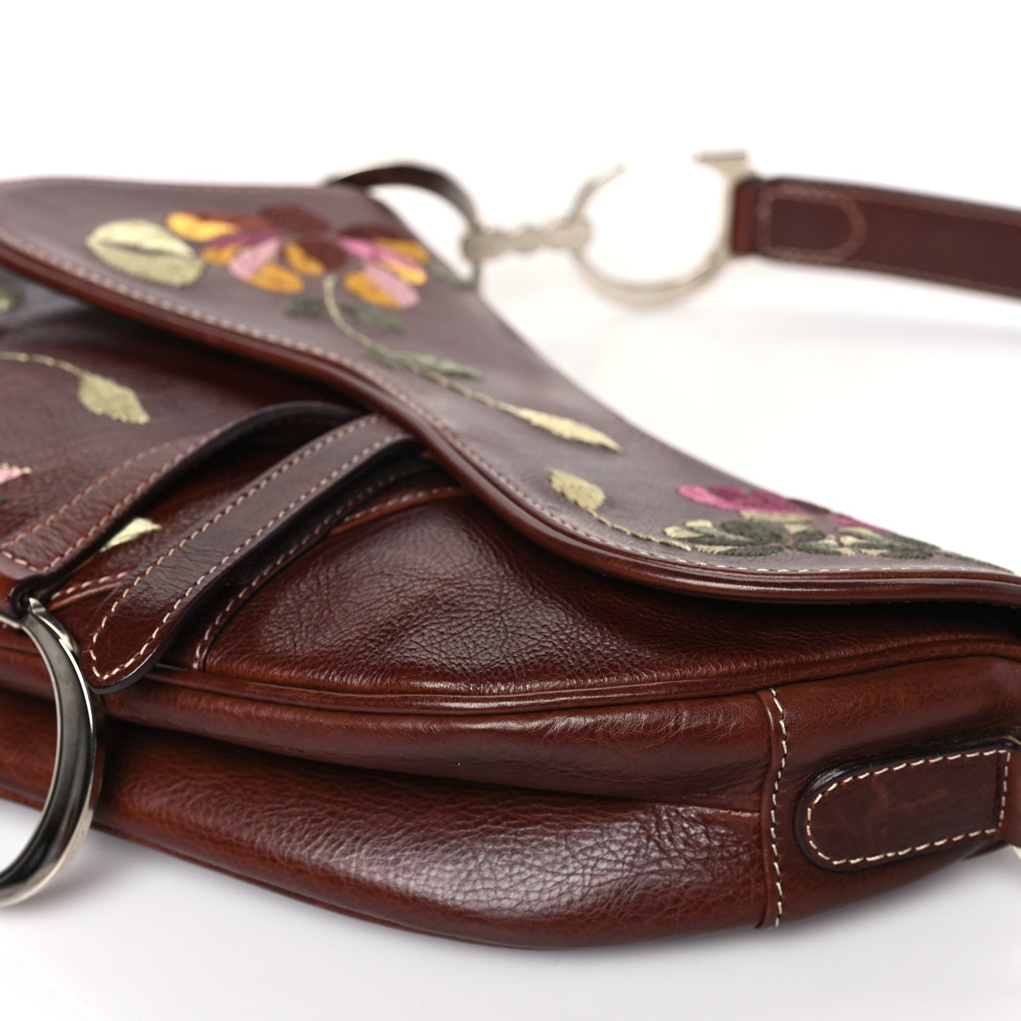 Calfskin Embroidered Romantic Flowers Saddle Bag Brown