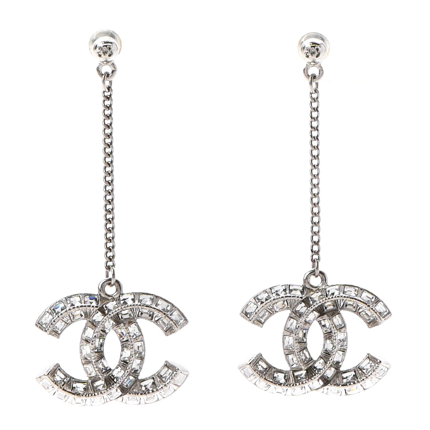 Baguette Crystal CC Drop Earrings Silver