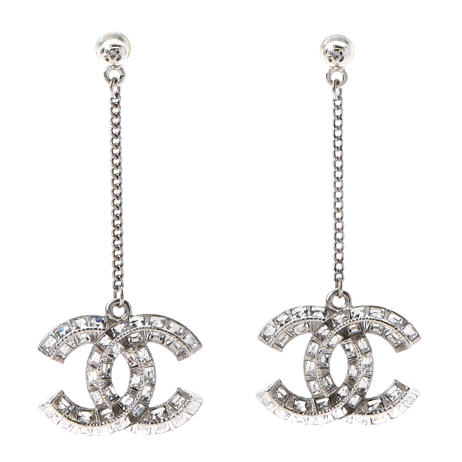 Chanel Baguette Crystal CC Drop Earrings Silver 1 of 4