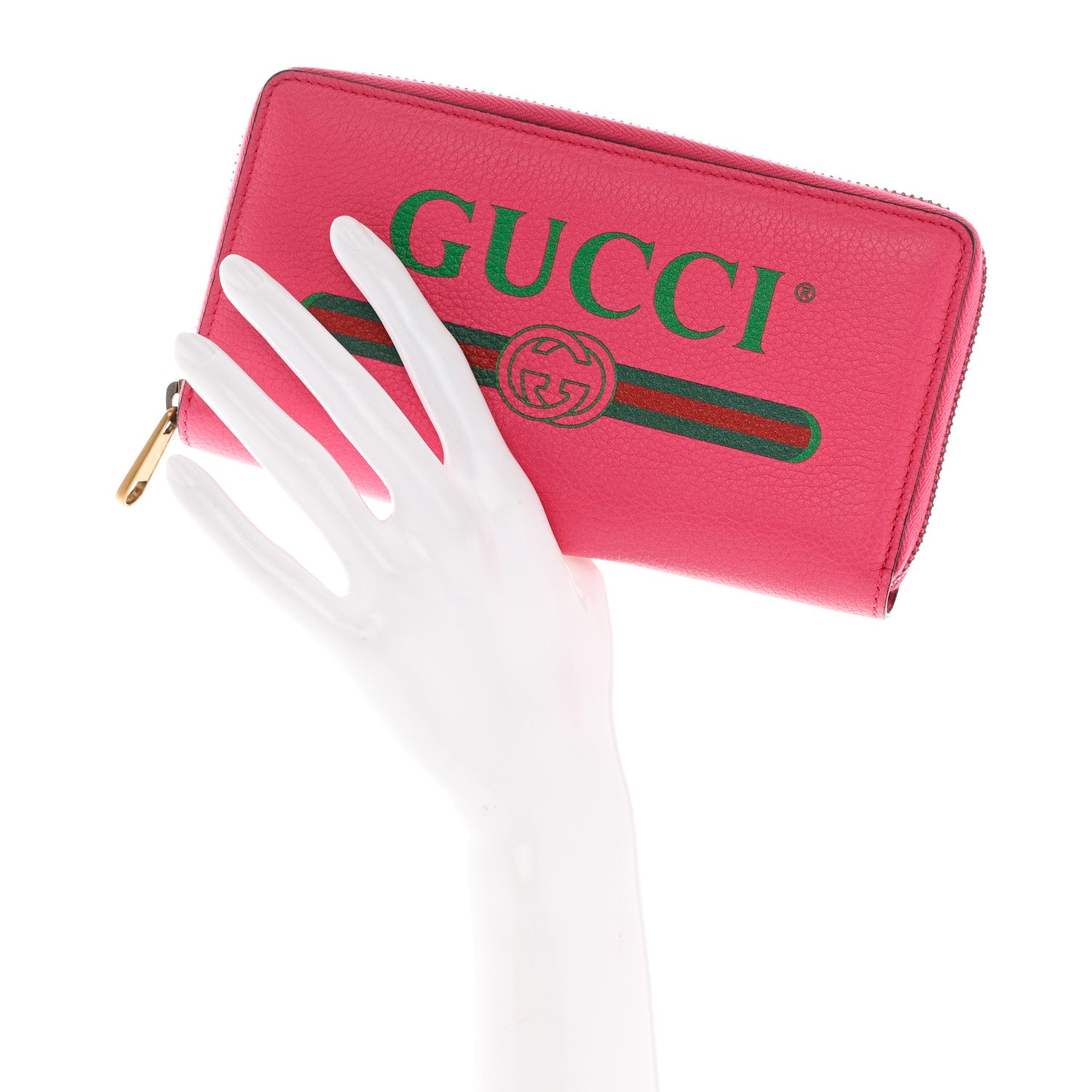 Gucci Grained Calfskin Logo Zip Around Wallet Box Pink Green 2 of 7