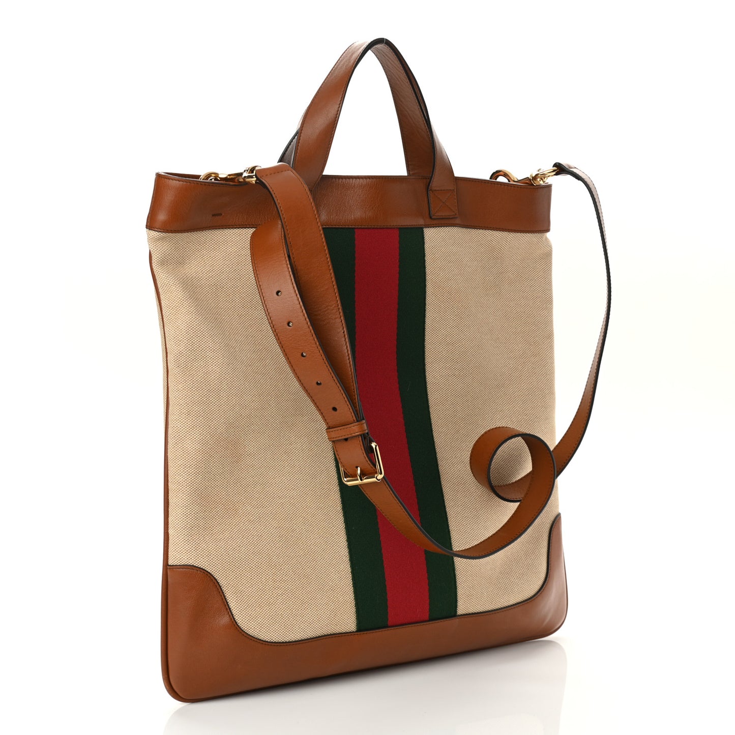 Vintage Canvas Calfskin Web Flat Tote Sand Light Cuir