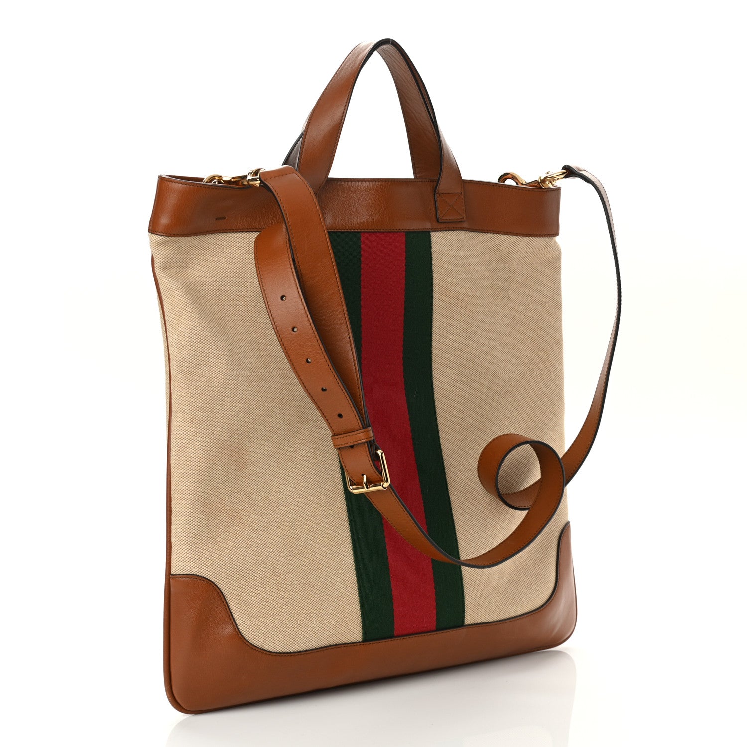 Gucci Vintage Canvas Calfskin Web Flat Tote Sand Light Cuir 3 of 13