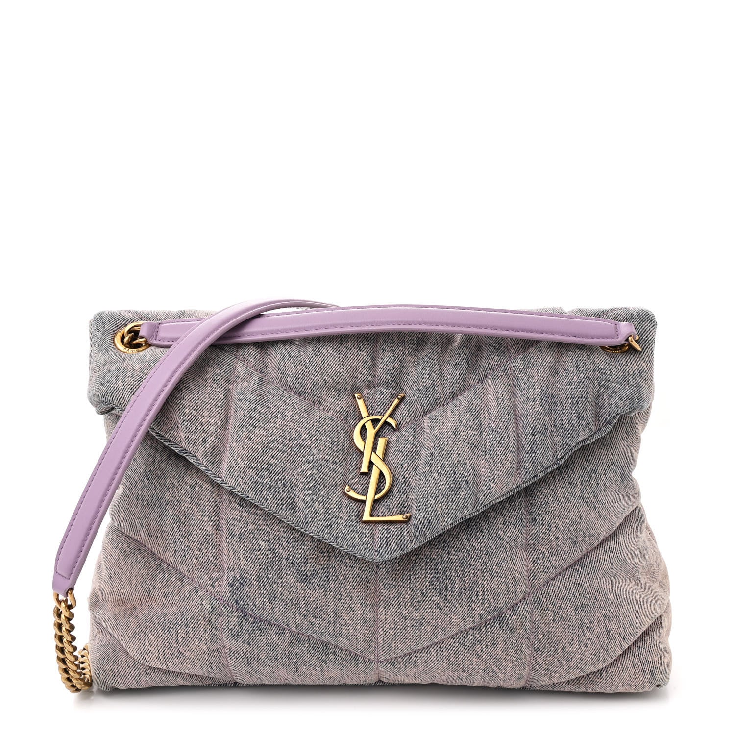 Saint Laurent Denim Quilted Medium Loulou Puffer Monogram Chain Satchel Bleached Lilac 1 of 11