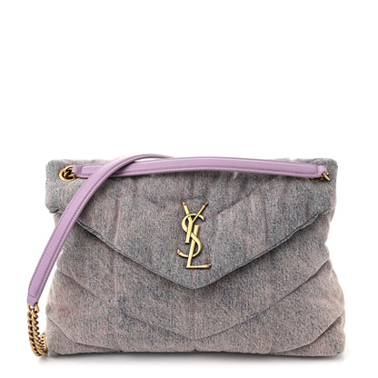 Saint Laurent Denim Quilted Medium Loulou Puffer Monogram Chain Satchel Bleached Lilac 1 of 11