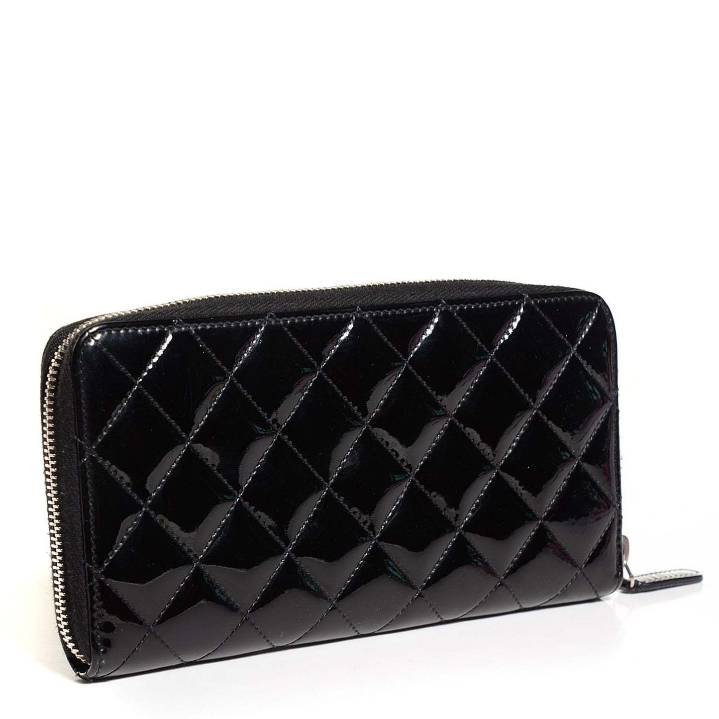 Patent Calfskin Quilted Large Gusset Zip Around Wallet Black