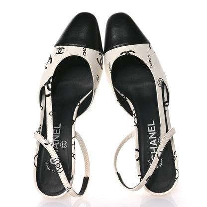 Chanel Printed Lambskin Cap Toe CC Slingback Pumps 40 Black White 2 of 9