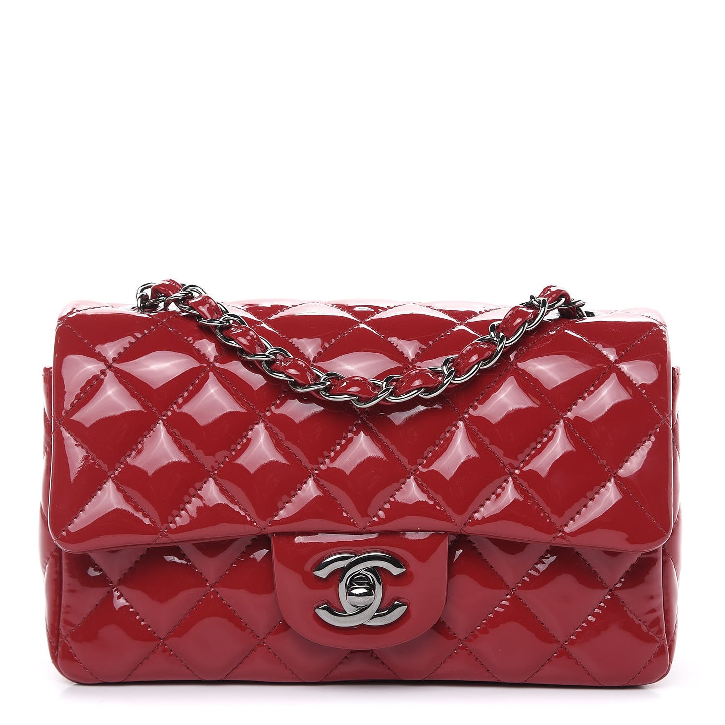 Patent Calfskin Quilted Mini Rectangular Flap Red