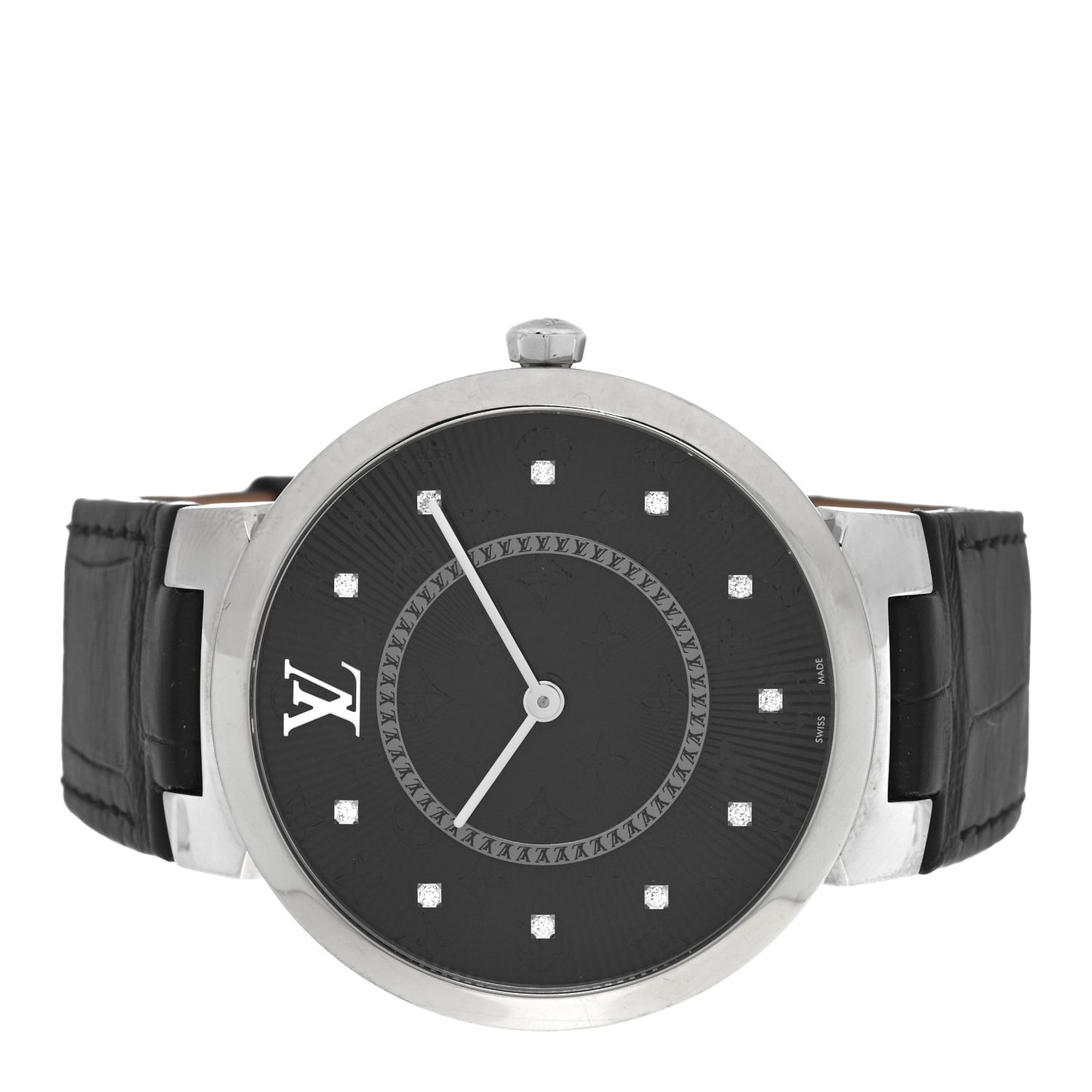 Stainless Steel Alligator Diamond 39mm Tambour Slim Quartz Watch Black